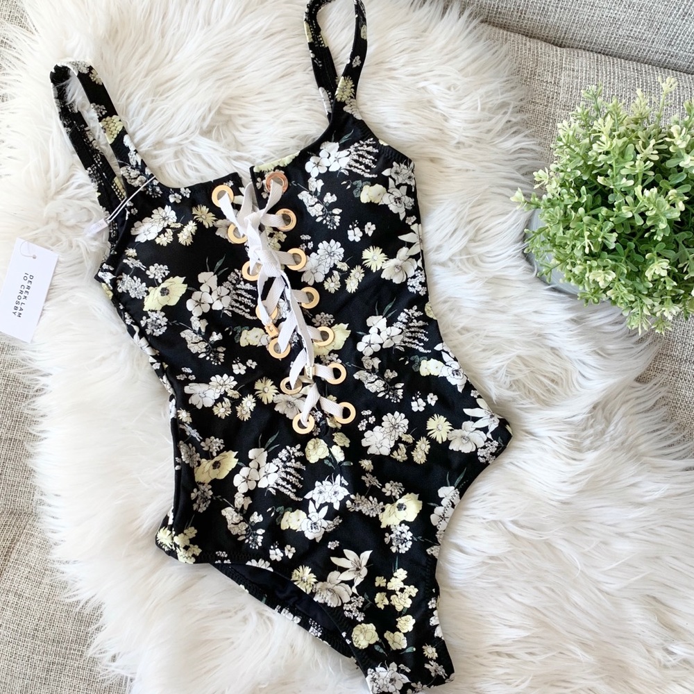 NWT | Derek Lam 10 Crosby | Floral Lace-Up One Piece Swimsuit - Picture 2 of 6